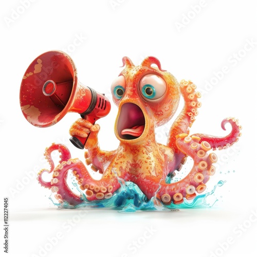 Charming octopus with a red megaphone, making noise in the ocean, perfect for fun underwater scenes or playful designs. photo