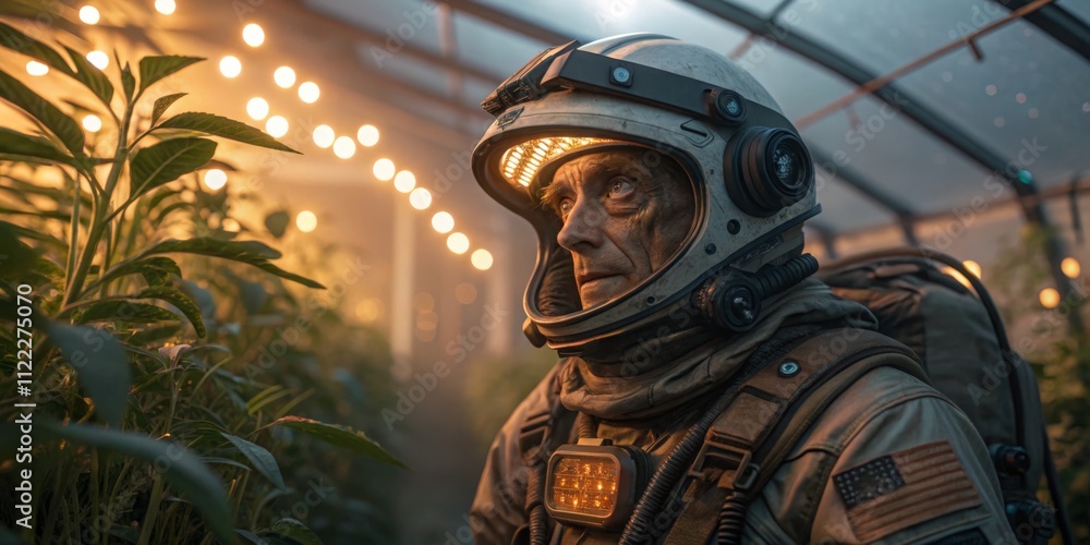 Fototapeta premium Astronaut explores a vibrant greenhouse filled with plants under soft glowing lights