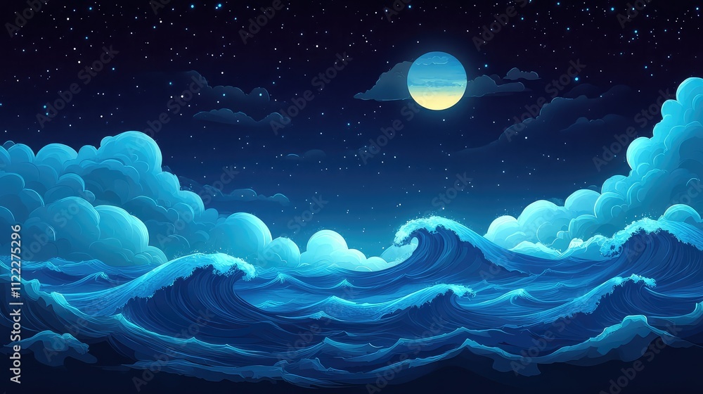 Obraz premium Blue Ocean Waves Crashing Under Night Sky