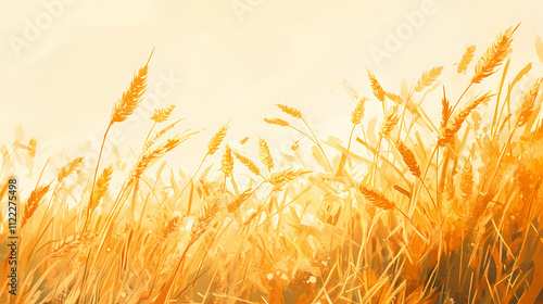 Golden wheat fields ripple gently in the warm summer breeze on a sunny day. Zephyr. Illustration photo