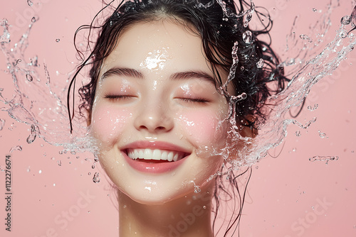 A Joyful Woman Delightedly Enjoying a Refreshing Water Splash Amidst a Vibrant Pink Background