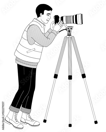African American man birdwatching with telephoto camera on tall tripod in outdoor clothes	