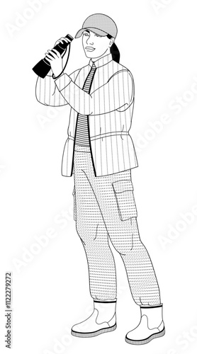 African American women birdwatching with spotting scope in outdoor clothes	