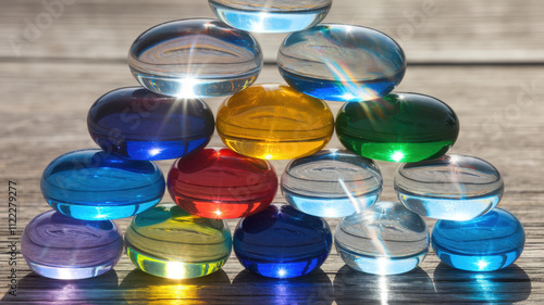 A vibrant display of colorful, translucent gel beads arranged in a pyramid shape, reflecting sunlight beautifully. photo