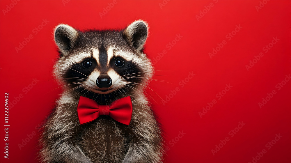 Charming raccoon wearing a red bow tie against a vibrant red background, ideal for promotional designs in event planning, invitations, and festive celebrations Charming raccoon wearing a red bow tie against a vibrant red background, ideal for promotional designs in event planning, invitations, and festive celebrations