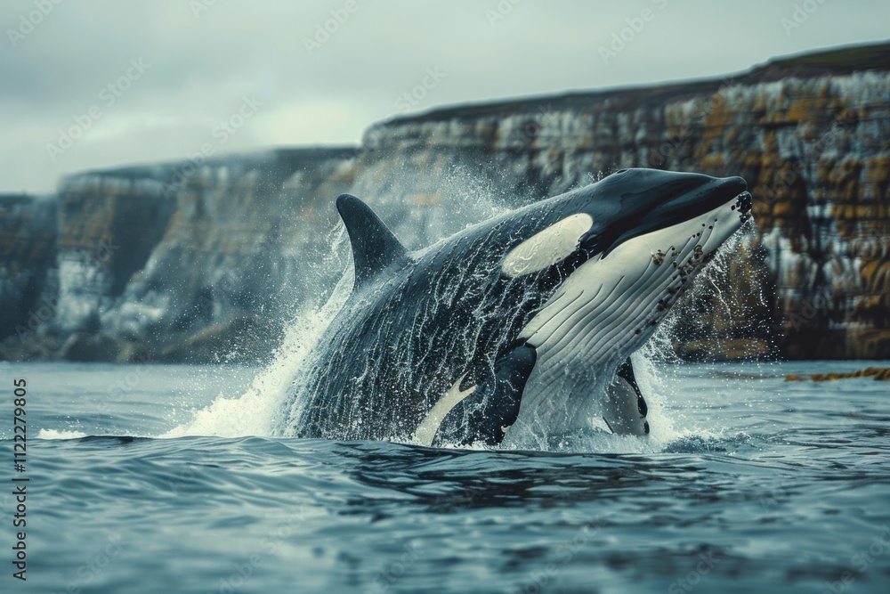 Obraz premium Majestic Whale Breaching Near Coastal Cliffs at Dusk