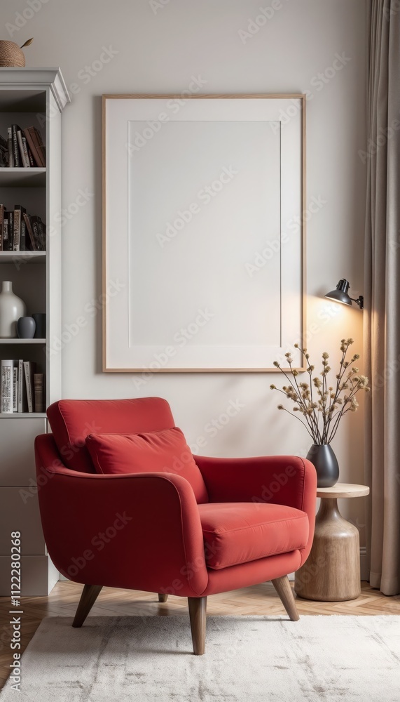 Fototapeta premium Cozy reading corner with red chair, wooden side table, vase, bookshelf, light rug, white framed artwork, warm lighting, and soft parquet floors in a contemporary home interior.