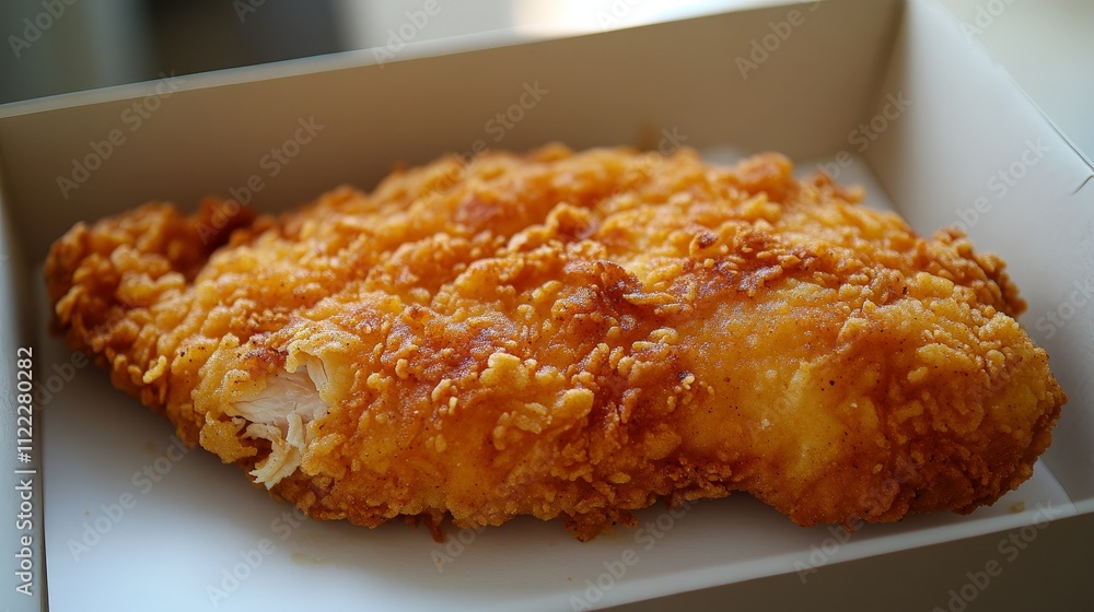 A golden-brown fried chicken fillet in a takeout box, showcasing its crispy texture. A golden-brown fried chicken fillet in a takeout box, showcasing its crispy texture.