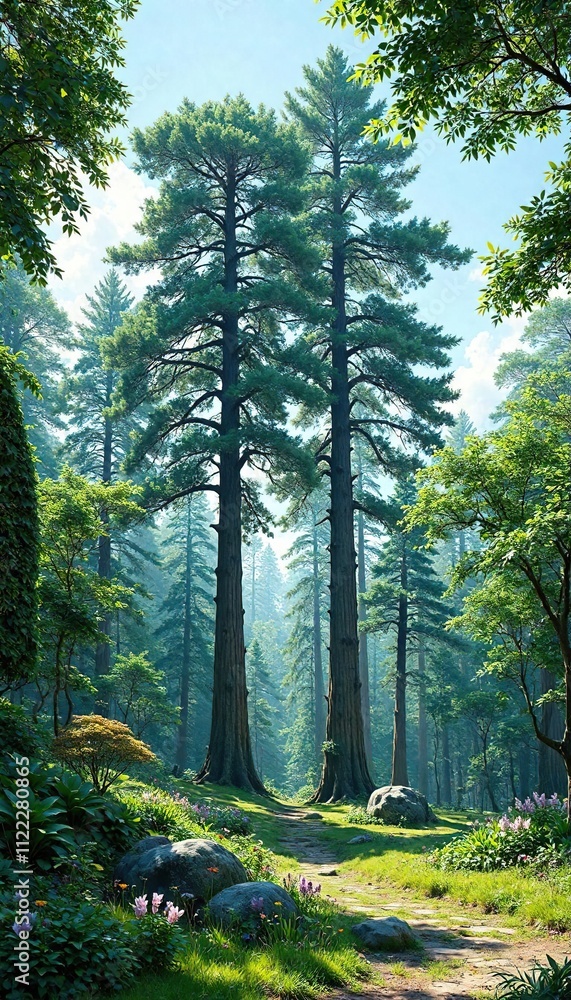 Fototapeta premium The lush greenery and tall trees create a sense of tranquility, tranquil scene, forested area