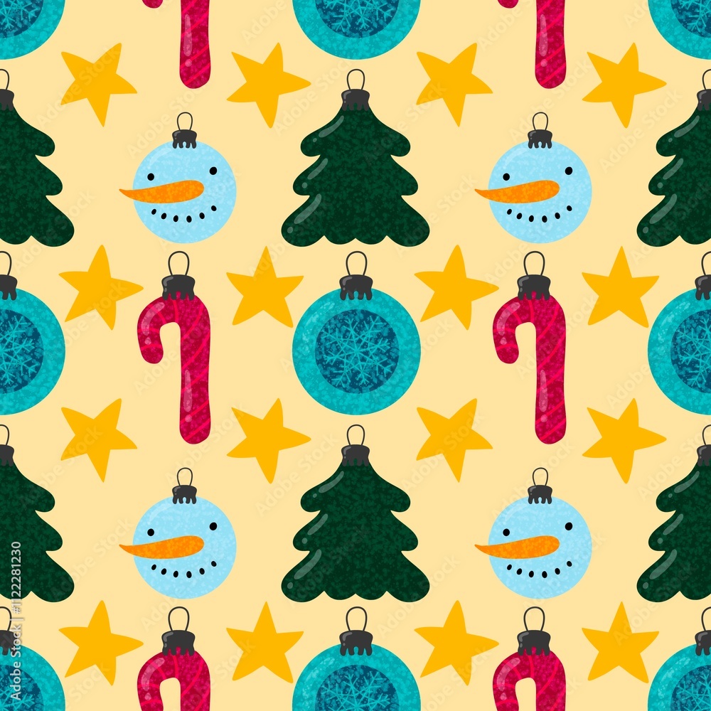 Fototapeta premium Winter seamless snowman and Christmas tree balls pattern for fabrics and textile