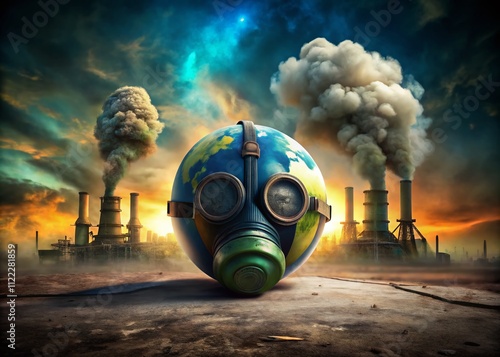 Protecting Cartoon Earth: A Gas Mask Symbolizing Awareness of Toxic Air Pollution in a Low Light Environment with Dramatic Shadows and Vibrant Colors photo