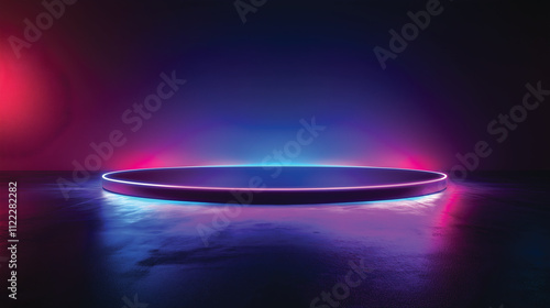 Abstract image of a neon purple stand on a futuristic dark background with copy space.