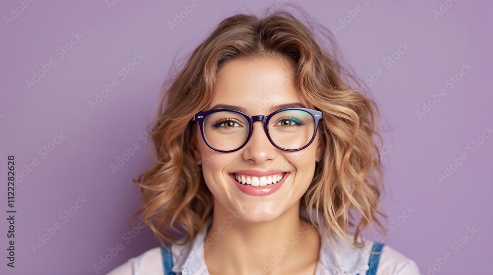 A radiant smile lights up the face of a woman wearing glasses. A radiant smile lights up the face of a woman wearing glasses.