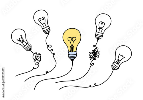 illustration of 5 lamps with tangled wires, one of which shines brightly. business idea symbol