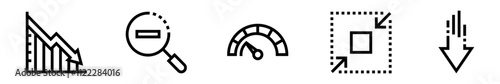 Decrease icon set. Reduction and minimization. Decreasing graph, decrease in speed, reduce size, decline. Vector illustration