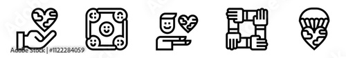 Humanitarian support icons set. Solidarity and social help. Global support, community well-being, cooperation. Vector illustration