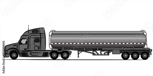 Tanker Truck sketch. Fuel tanker truck gray silhouette on white background. A hand drawn art of a American truck on motorway. Vector illustration view from side.