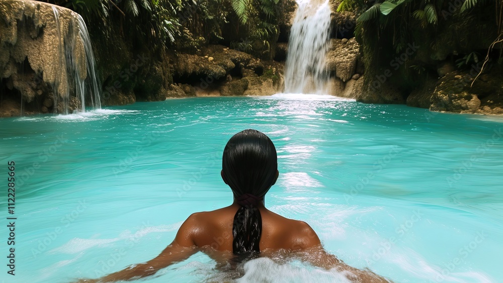 Woman at a resort. Woman swimming to a tropical waterfall. Woman swimming in a waterfall. Beautiful woman swimming on the waterfall. Copy-space for text. Generate AI. Woman at a resort. Woman swimming to a tropical waterfall. Woman swimming in a waterfall. Beautiful woman swimming on the waterfall. Copy-space for text. Generate AI.
