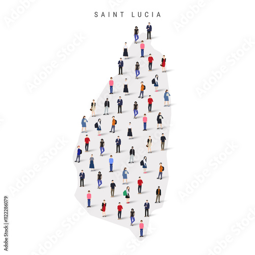 Saint Lucia population map. Large group of realistic a diverse crowd of people figures in a shape of Saint Lucian map. Flat vector illustration isolated on white.