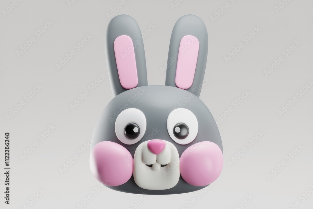 Obraz premium Adorable 3D model of a grey bunny with pink inner ears and cheeks, conveying happiness.