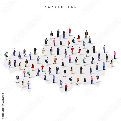 Kazakhstan population map. Large group of realistic a diverse crowd of people figures in a shape of Kazakh map. Flat vector illustration isolated on white.