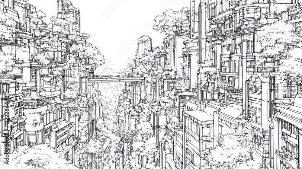 Fototapeta premium Futuristic Cityscape: Architectural Sketch of a Vertical Metropolis