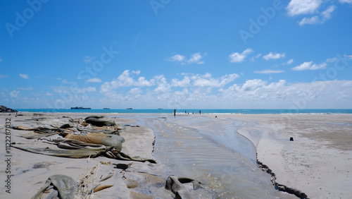 A Tranquil Coastal View With A Narrow Waterway Cutting Through The Sandy Shore. In The Distance, A Cargo Ship Sails On The Horizon Under A Bright Blue Sky photo