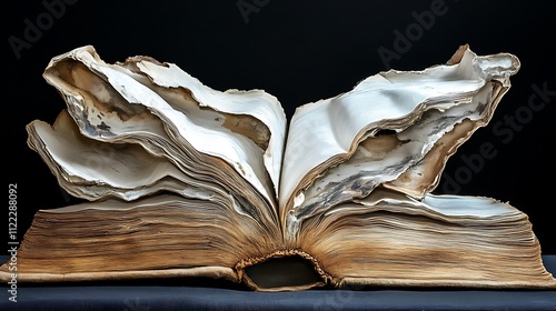 A severely water-damaged antique book lies open, revealing its decaying pages against a black background.