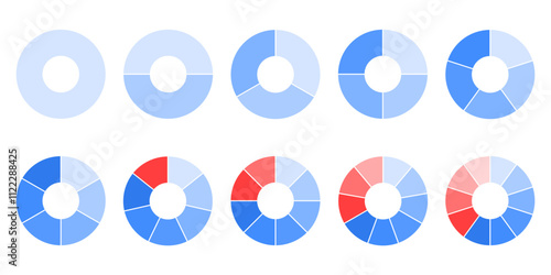 Pie chart with evenly divided sectors 1, 2, 3, 4, 5, 6, 7, 8, 9, 10 blue and red with hole in center. Vector visualization of statistical of database analysis, table, stock portfolio structure.