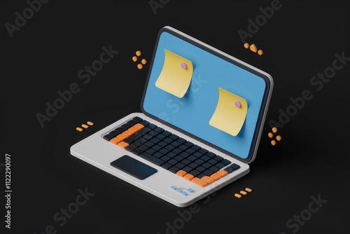 Wallpaper Mural A 3D model of a laptop with two sticky notes on the screen, representing digital task management. Torontodigital.ca