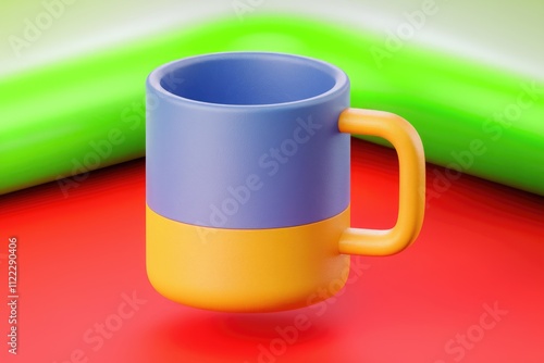 A two-toned mug with a blue and yellow design sits on a vibrant red surface. photo