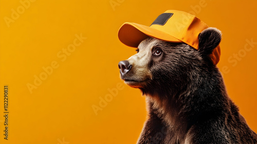 Playful bear wearing a bright orange cap against a vibrant orange background, a bold choice for outdoor adventure campaigns, sports branding, energy product or tools promotions photo