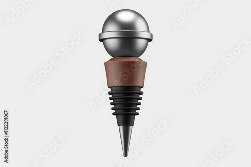 Modern wine bottle stopper with a metallic ball top and wooden base. photo