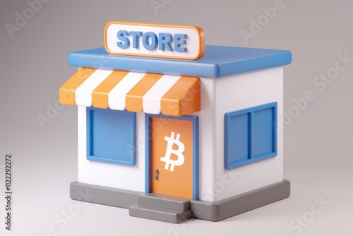 A 3D model of a store accepting Bitcoin as payment, showcasing a digital currency retail concept. photo