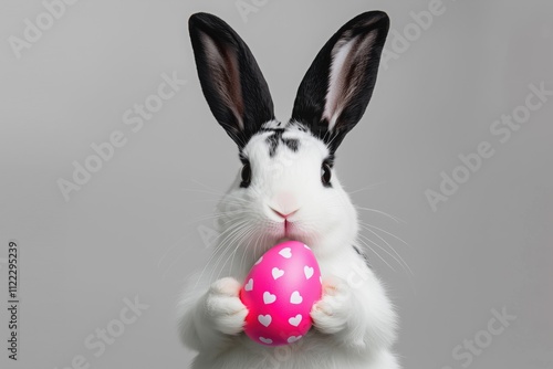 Adorable white and black rabbit holding a pink Easter egg with white heart patterns, set against a neutral gray background, perfect for festive themes. photo