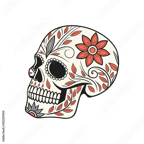 Sugar skull with floral pattern. Design for the holiday day of the dead. Outline illustration.
