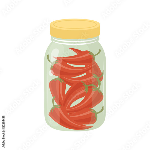 Pickled chili peppers in a glass jar. Canned vegetables. Illustration on a white background.