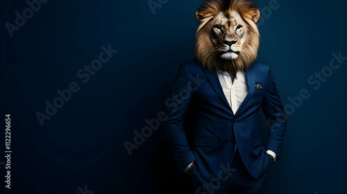 Regal lion wearing a navy blue suit jacket against a vibrant navy background, perfect for corporate branding, business campaigns, or leadership-themed concepts photo