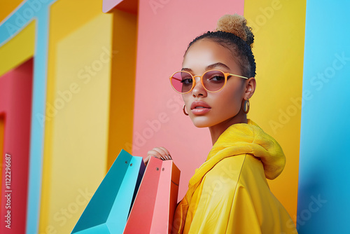 Vibrant fashion model wearing sunglasses and holding shopping bags