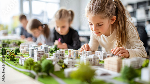 Young children designing sustainable cities with model buildings and greenery