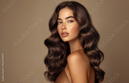 Beautiful model girl with long wavy and shiny hair . Brunette dirl with curly hairstyle. Beauty  smiling woman with  curly hairstyle dye .Fashion, cosmetics and makeup . Cosmetology  