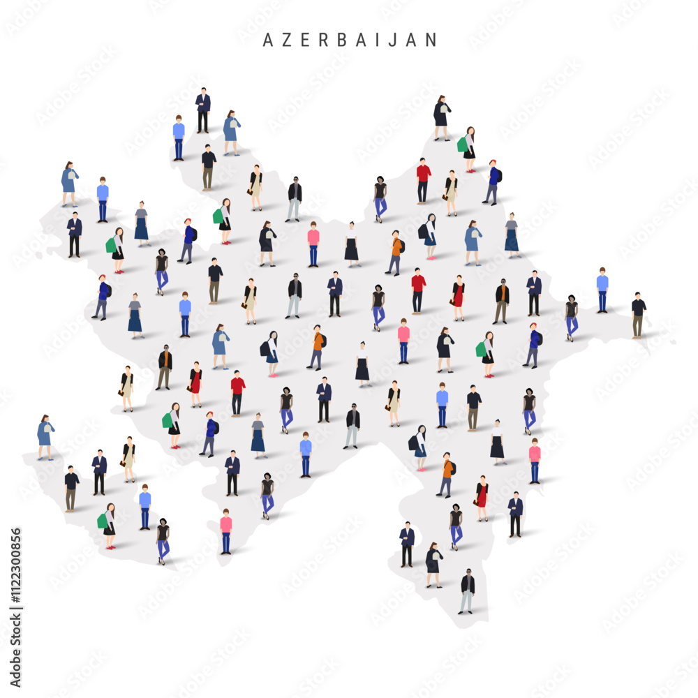 Azerbaijan population map. Large group of realistic a diverse crowd of people figures in a shape of Azerbaijani map. Flat vector illustration isolated on white. Azerbaijan population map. Large group of realistic a diverse crowd of people figures in a shape of Azerbaijani map. Flat vector illustration isolated on white.