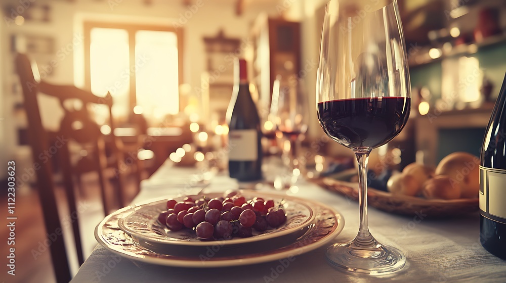 Fototapeta premium Elegant Dinner Table Setting With Wine And Grapes