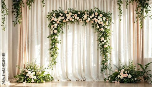 elegant wedding decoration backdrop interior space with delicate floral arrangements