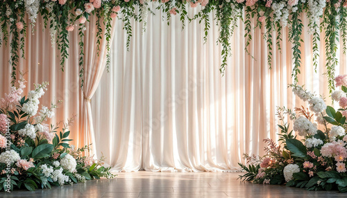 elegant wedding decoration backdrop interior space with delicate floral arrangements