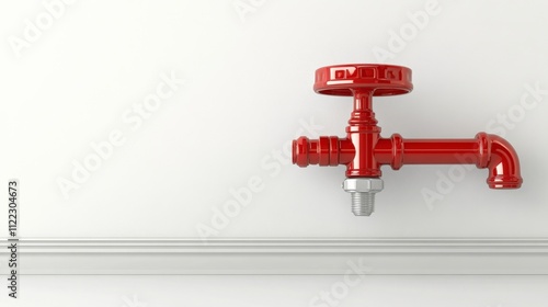 Red Industrial Valve on a White Wall - Visual Element for Plumbing, Maintenance, and Construction Related Themes in Stock Photography photo