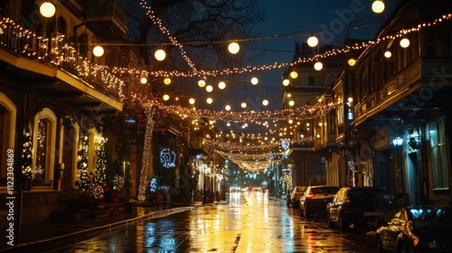 Wallpaper Mural 5.Festive night in Tbilisi with the city historic architecture adorned in twinkling Christmas lights, golden strings of lights illuminating traditional facades, and reflections of lights shimmering Torontodigital.ca