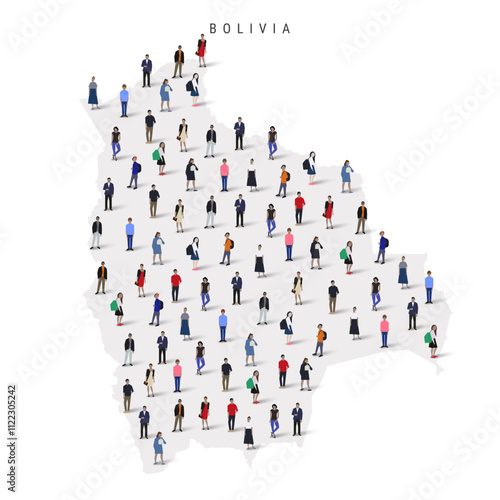Bolivia population map. Large group of realistic a diverse crowd of people figures in a shape of Bolivian map. Flat vector illustration isolated on white.