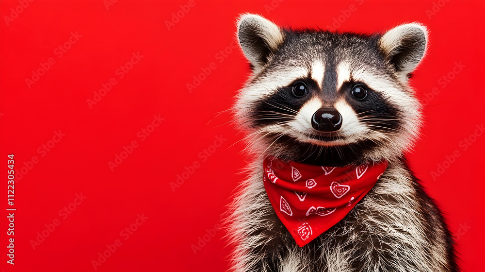 Obraz premium Playful raccoon wearing a bright red bandana against a vibrant bright red background, perfect for kids’ products, festive marketing, and cheerful promotional designs