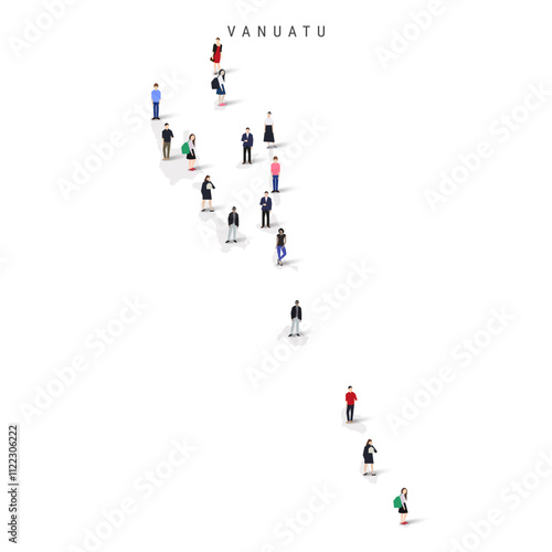 Vanuatu population map. Large group of realistic a diverse crowd of people figures in a shape of Vanuatuan map. Flat vector illustration isolated on white.